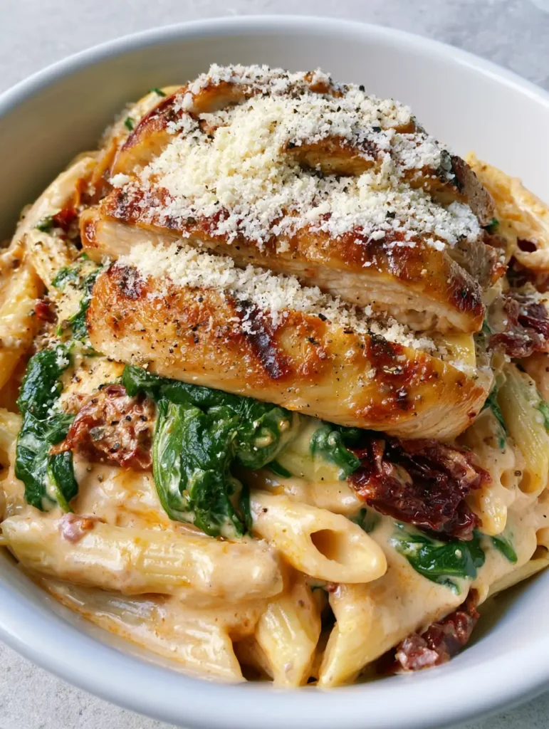 Nahaufnahme einer weißen Schüssel mit Toskana Hähnchen Pasta, garniert mit viel Parmesan und Pfeffer.