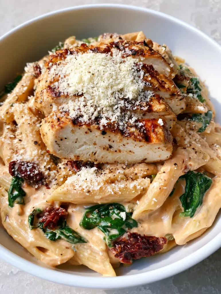 One-Pot Toskana Hähnchen Pasta: Das ultimative 30-Minuten-Rezept 1 Draufsicht auf die fertige One-Pot Toskana Hähnchen Pasta mit Spinat und getrockneten Tomaten.