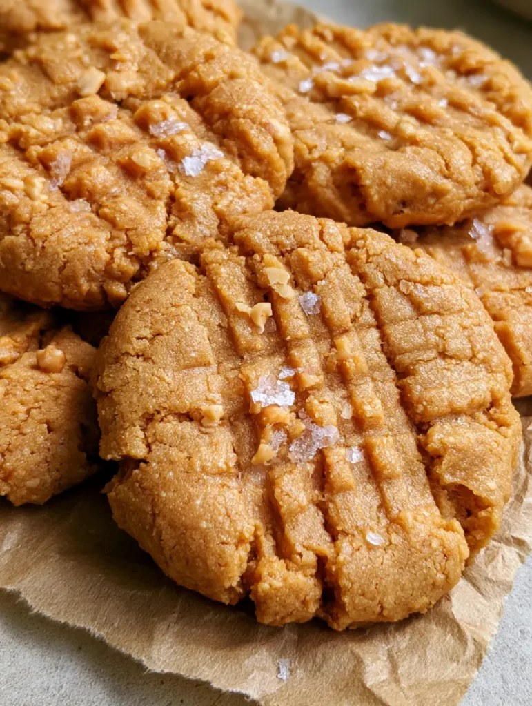 Erdnussbutter-Kekse mit Hafermehl: Das ultimative Rezept für weiche Cookies 1 Stapel von weichen Erdnussbutter-Keksen mit Hafermehl auf rustikalem Hintergrund.