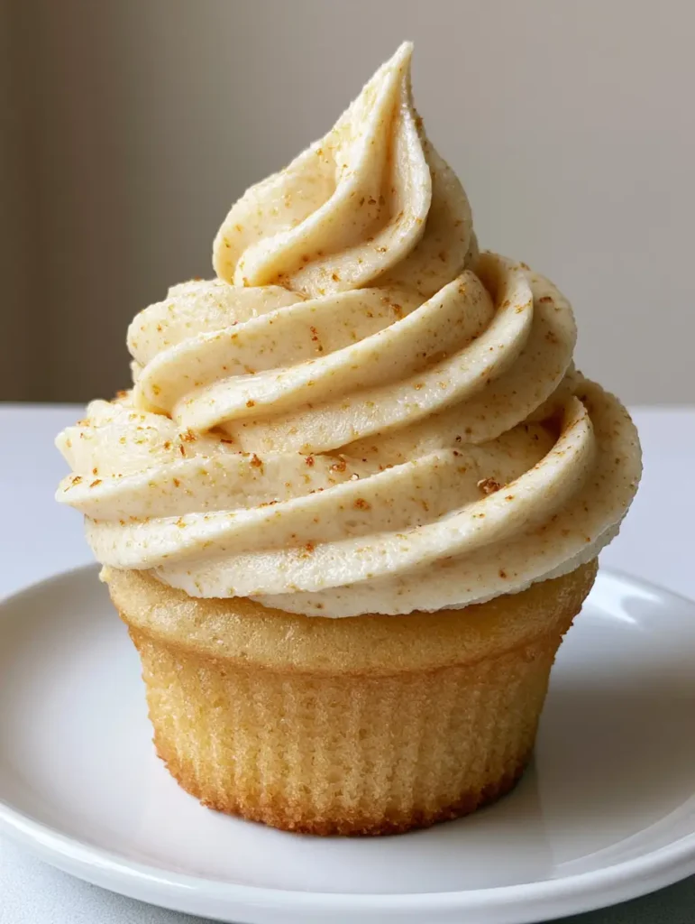 Ein perfekt gespritzter Swirl aus Nussbutter Frosting auf einem Cupcake in hellem Papierförmchen.