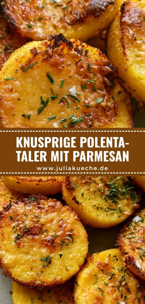 Goldbraune Polenta-Taler mit Parmesan-Kruste und Rosmarin auf einer grauen Steinplatte serviert.