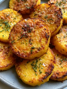 Nahaufnahme von gebackenen Polenta-Talern mit geschmolzenem Käse und frischem Rosmarin.