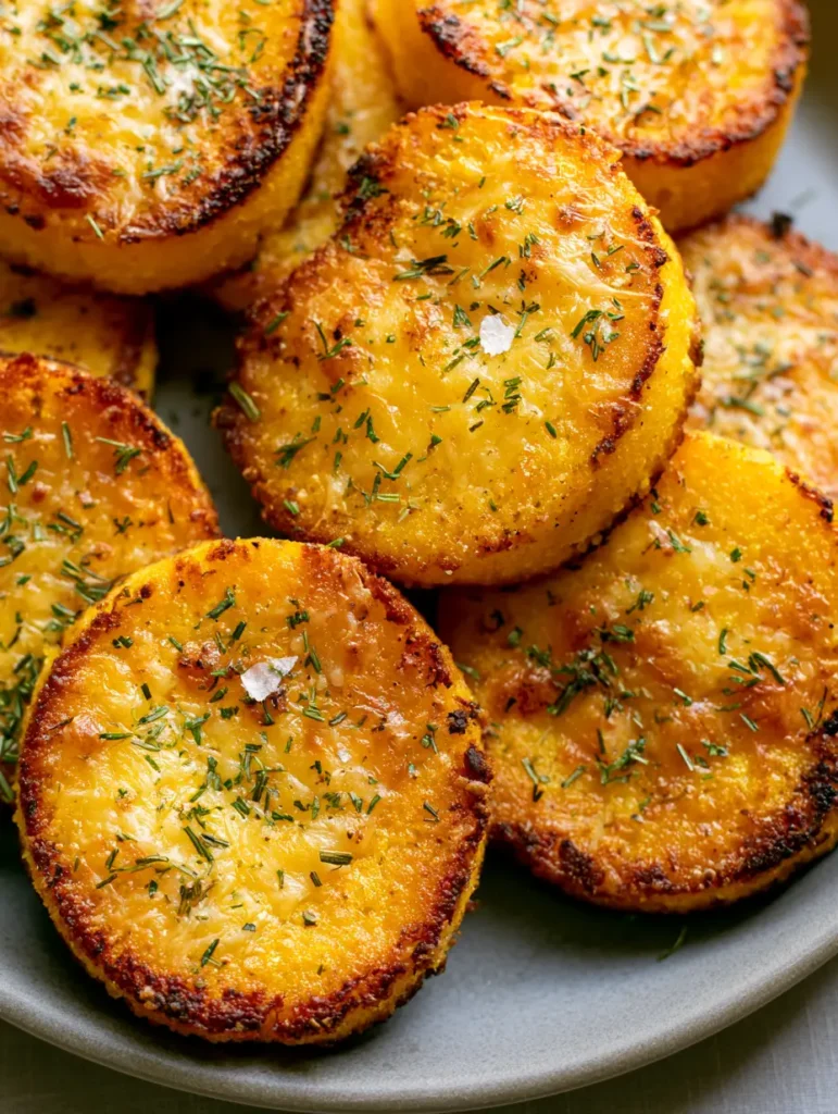 Draufsicht auf perfekt angerichtete Polenta-Taler mit Meersalz und Rosmarin.