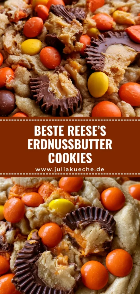 Reese’s Erdnussbutter Cookies: Das ultimative Rezept für Peanut Butter Lover 4 Nahaufnahme von Reese’s Erdnussbutter Cookies mit bunten Reese's Pieces und gehackten Schokoladen-Cups auf einem neutralen Untergrund.