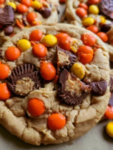 Handgehaltenes Foto eines dicken Reese’s Erdnussbutter Cookies mit weichem Kern und matten Candy-Schalen.