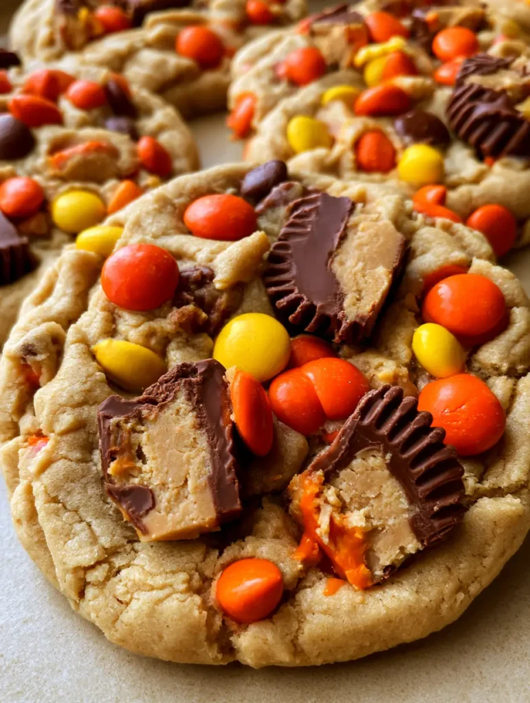 Reese’s Erdnussbutter Cookies: Das ultimative Rezept für Peanut Butter Lover 1 Draufsicht auf frisch gebackene Reese’s Erdnussbutter Cookies mit Rissbildung an der Oberfläche und geschmolzener Schokolade.