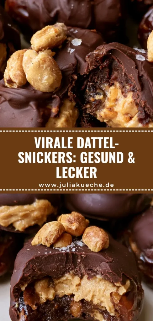 Dattel-Snickers aus Medjool-Datteln mit Erdnussmus und Schokolade auf einem hellen Teller.