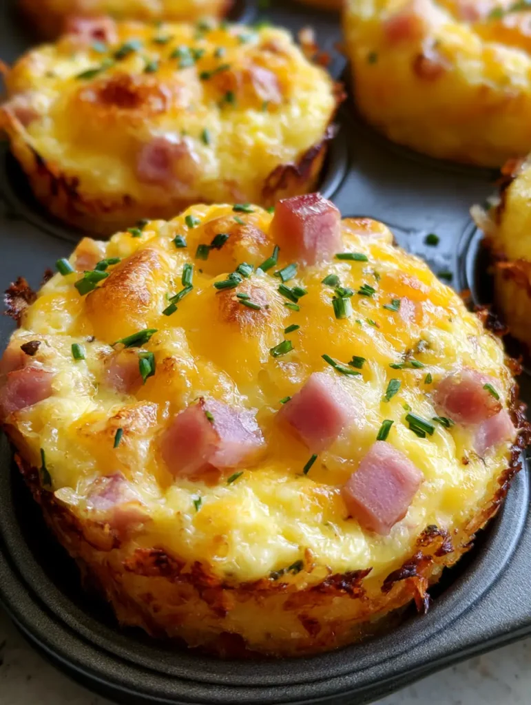 Nahaufnahme von herzhaften Frühstücks-Muffins mit Ei, Schinkenwürfeln und geschmolzenem Cheddar.