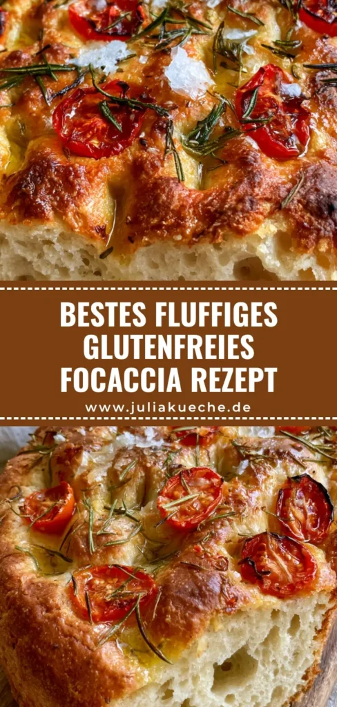 Glutenfreies Focaccia Rezept: Luftig, Goldbraun & Unglaublich Lecker 3 Nahaufnahme von oben: Ein rechteckiges Glutenfreies Focaccia Rezept auf Holzbrett mit Rosmarin, grobem Meersalz und gerösteten Tomaten.