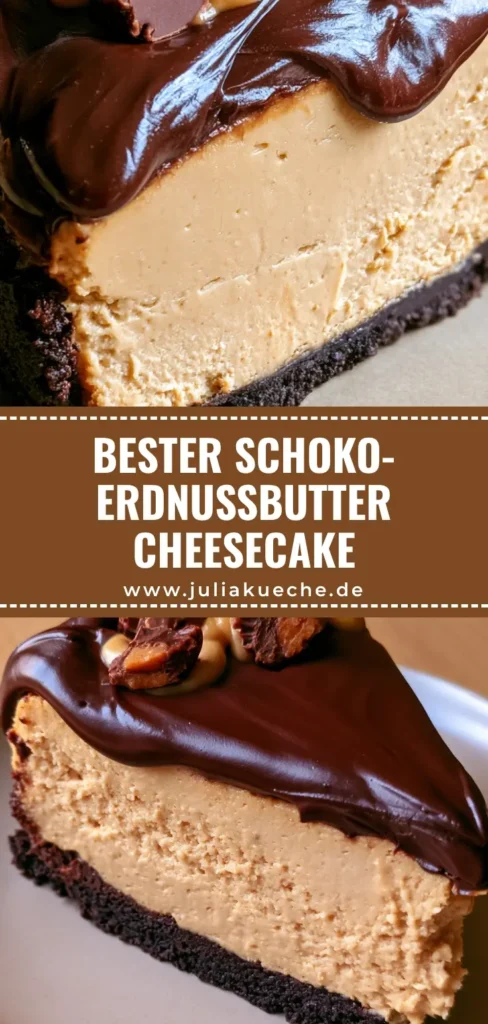 Ein dickes Stück Schoko-Erdnussbutter-Cheesecake mit glänzender Ganache und Erdnussbutter-Drizzle auf einem Holztisch.