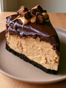 Nahaufnahme eines Schoko-Erdnussbutter-Cheesecakes mit dunklem Keksboden und hellbrauner Füllung.