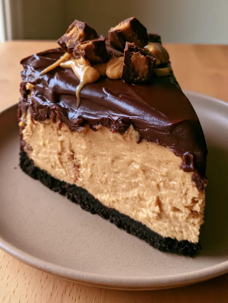 Nahaufnahme eines Schoko-Erdnussbutter-Cheesecakes mit dunklem Keksboden und hellbrauner Füllung.