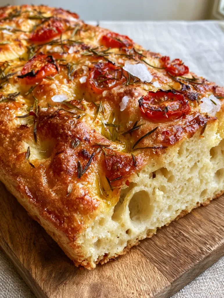 Glutenfreies Focaccia Rezept: Luftig, Goldbraun & Unglaublich Lecker 1 Glutenfreies Focaccia Brot auf Leinentuch mit aufgeschnittenen Kirschtomaten und frischem Rosmarin.