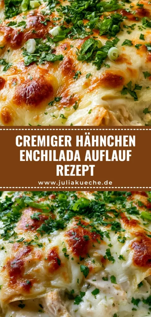 Nahaufnahme eines cremigen Hähnchen-Enchilada-Auflaufs in einer weißen Keramikform mit geschmolzenem Käse und Koriander.