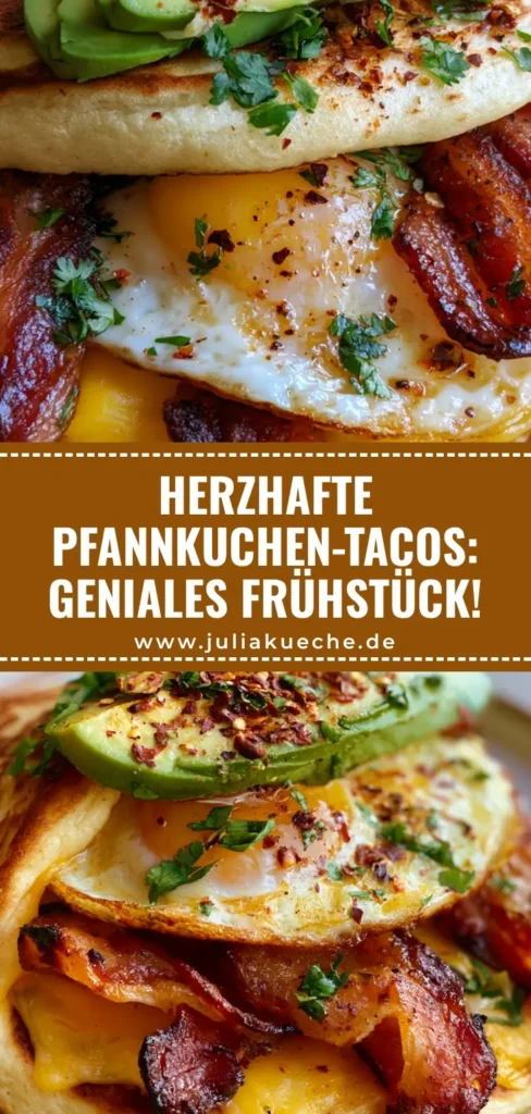 Nahaufnahme von Herzhafte Pfannkuchen-Tacos mit geschmolzenem Käse, knusprigem Speck und einem Spiegelei.