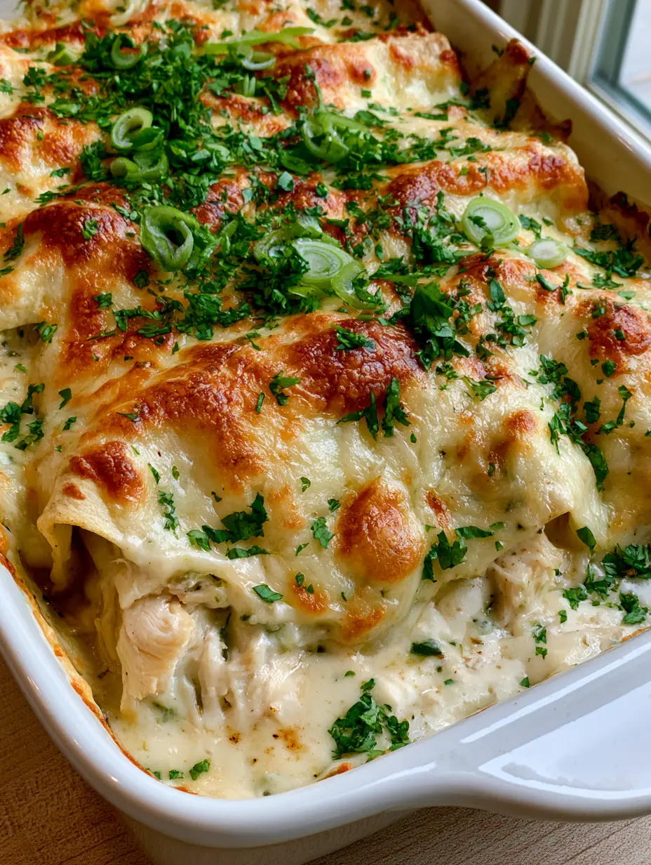 Detaillierte Ansicht der goldenen Käseschicht und der cremigen Sauce des Hähnchen-Enchilada-Auflaufs.