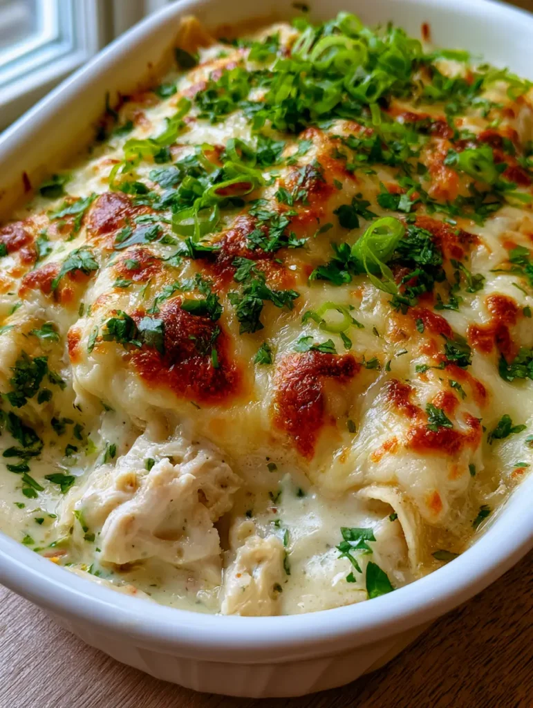 Hähnchen-Enchilada-Auflauf mit frischen Frühlingszwiebeln und Koriander garniert in einer weißen Form.