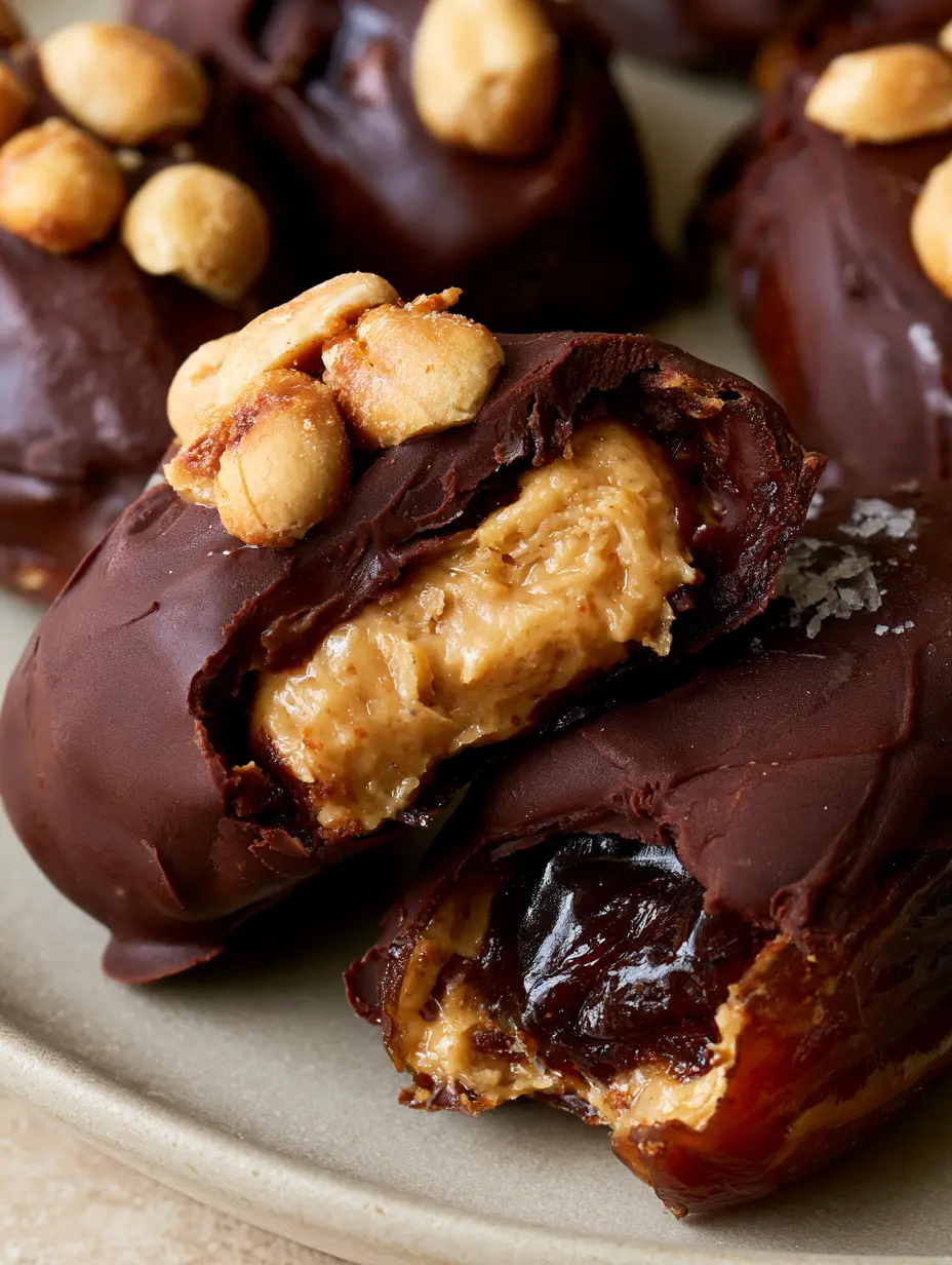Nahaufnahme von angebissenen Dattel-Snickers, man sieht die Erdnussfüllung und die dunkle Schokolade.
