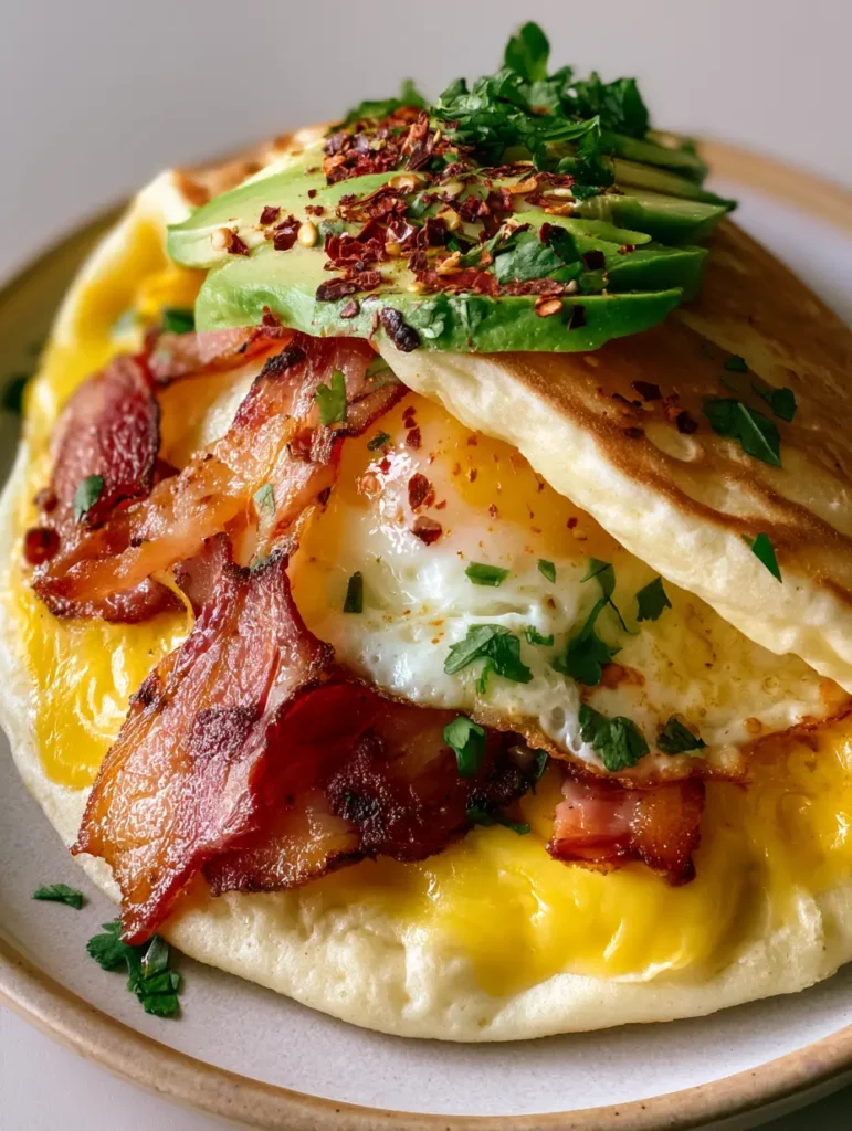 Mehrere Herzhafte Pfannkuchen-Tacos auf einem Keramikteller angerichtet mit flüssigem Eigelb.