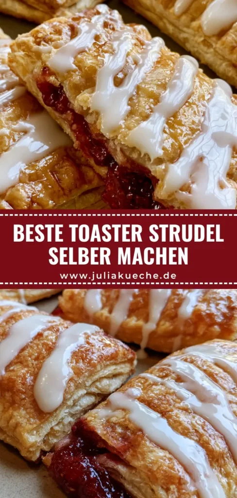Hausgemachte goldbraune Toaster Strudel mit weißem Zuckerguss und Erdbeerfüllung auf Holzgrund. (Toaster Strudel selber machen)