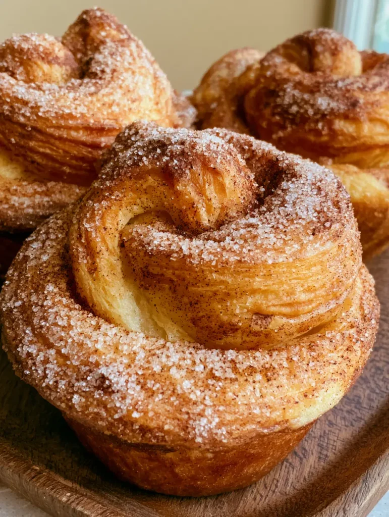 Churro Cruffins: Das ultimative Rezept für knuspriges Zimt-Gebäck 2 Nahaufnahme von Churro Cruffins auf einem rustikalen Holztablett mit sichtbaren spiralförmigen Schichten.