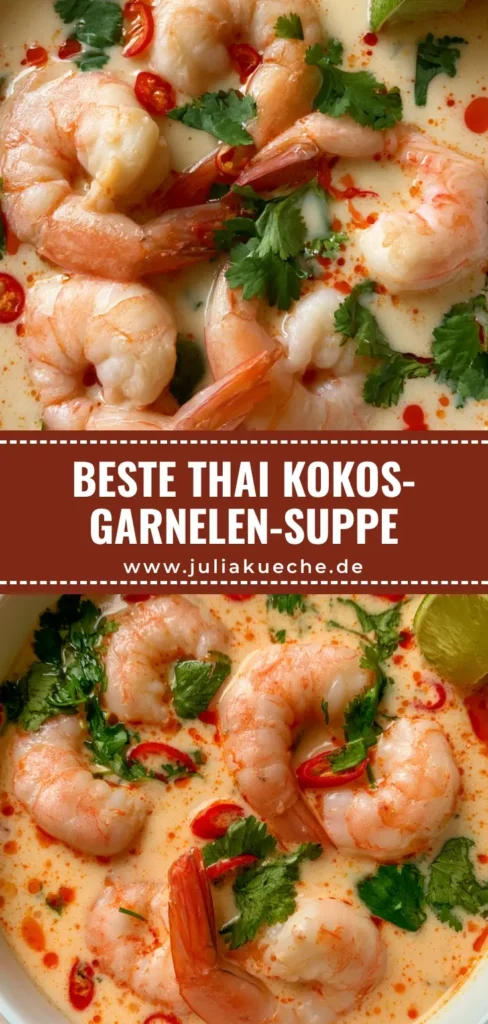 Draufsicht auf eine weiße Schüssel mit Thai Kokos-Garnelen-Suppe, garniert mit Koriander, Chiliöl und Limette auf einem hellen Steintisch.