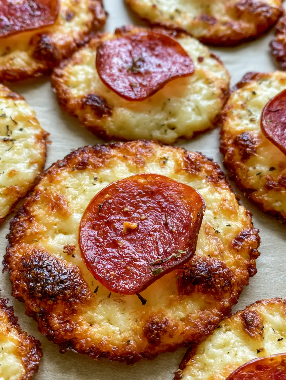 Nahaufnahme von goldbraunen Käse-Chips mit krosser Salami und Kräutern.