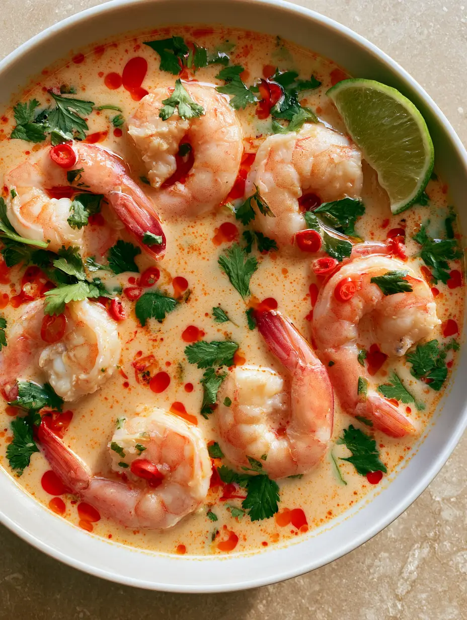 Nahaufnahme der cremigen Thai Kokos-Garnelen-Suppe mit sichtbaren Chiliöl-Tropfen und frischem Koriander.