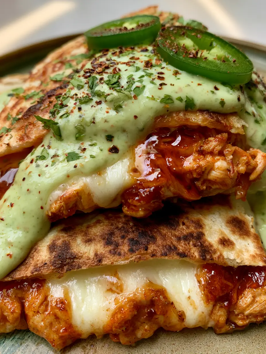 Hot Honey Hähnchen Quesadillas: Das ultimative Rezept für süß-scharfen Genuss 3 Nahaufnahme einer Hot Honey Hähnchen Quesadilla mit klebriger Sauce und Grillstreifen.
