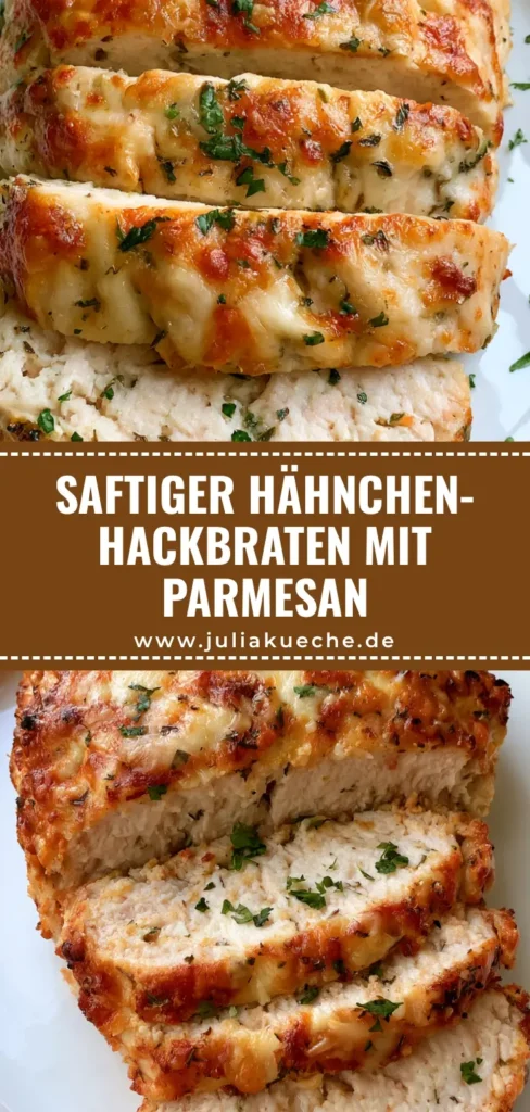 Hähnchen-Hackbraten Rezept: Saftig mit Parmesan-Knoblauch-Kruste 3 Draufsicht auf einen aufgeschnittenen Hähnchen-Hackbraten mit goldbrauner Parmesan-Knoblauch-Kruste auf einem weißen Teller. (Hähnchen-Hackbraten Rezept)