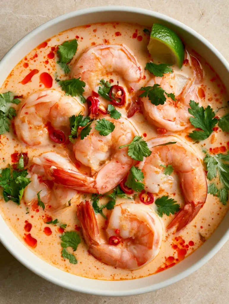 Thai Kokos-Garnelen-Suppe in einer weißen Keramikschüssel mit einer Limettenspalte am Rand.