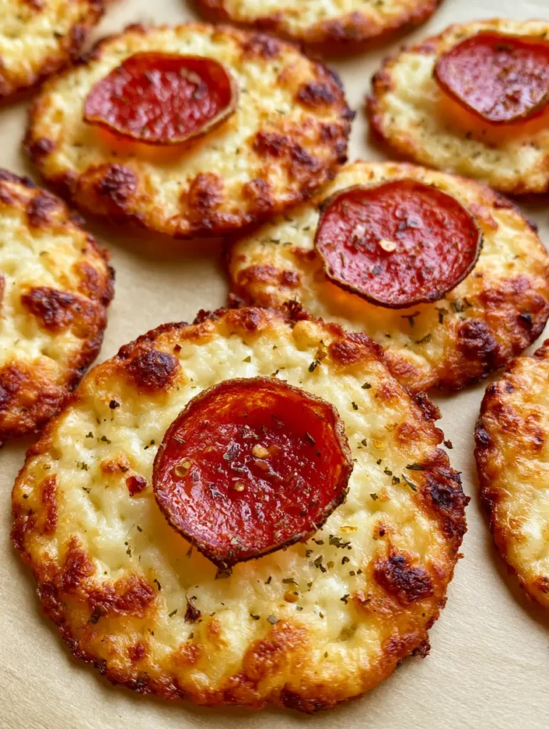 Salami-Käse-Chips mit Chili-Flocken und getrockneten Kräutern auf Pergamentpapier.