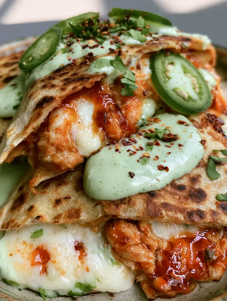 Hot Honey Hähnchen Quesadillas: Das ultimative Rezept für süß-scharfen Genuss 1 Angerichtete Hot Honey Hähnchen Quesadillas mit grünem Jalapeño-Drizzle und frischem Koriander.