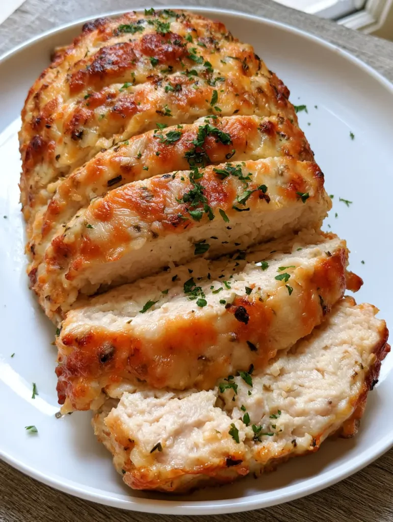 Hähnchen-Hackbraten Rezept: Saftig mit Parmesan-Knoblauch-Kruste 2 Nahaufnahme von Scheiben eines Hähnchen-Hackbratens mit sichtbaren Kräutern und geschmolzenem Parmesan. (Hähnchen-Hackbraten Rezept)