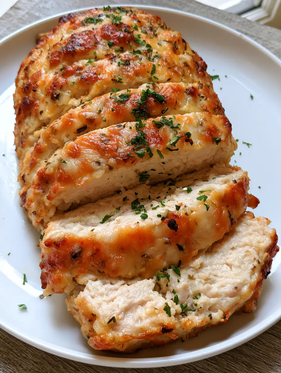 Hähnchen-Hackbraten Rezept: Saftig mit Parmesan-Knoblauch-Kruste 4 Nahaufnahme von Scheiben eines Hähnchen-Hackbratens mit sichtbaren Kräutern und geschmolzenem Parmesan. (Hähnchen-Hackbraten Rezept)