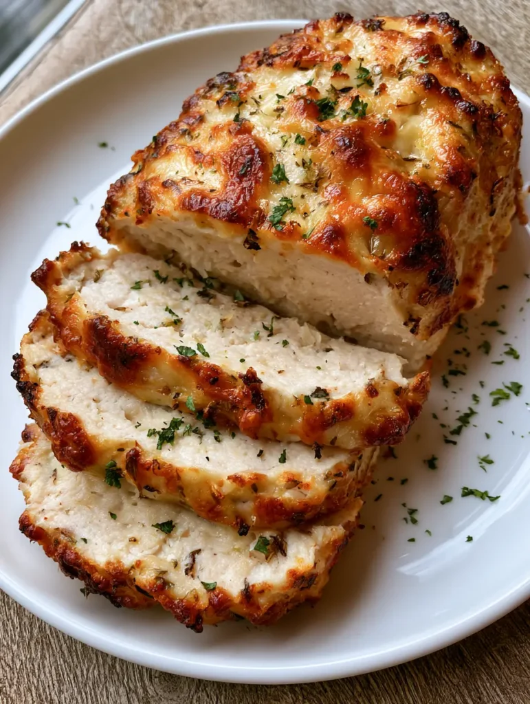 Hähnchen-Hackbraten Rezept: Saftig mit Parmesan-Knoblauch-Kruste 1 Hähnchen-Hackbraten frisch aus dem Ofen mit einer rustikalen Kruste aus Knoblauch und Parmesan auf einem Holztisch.