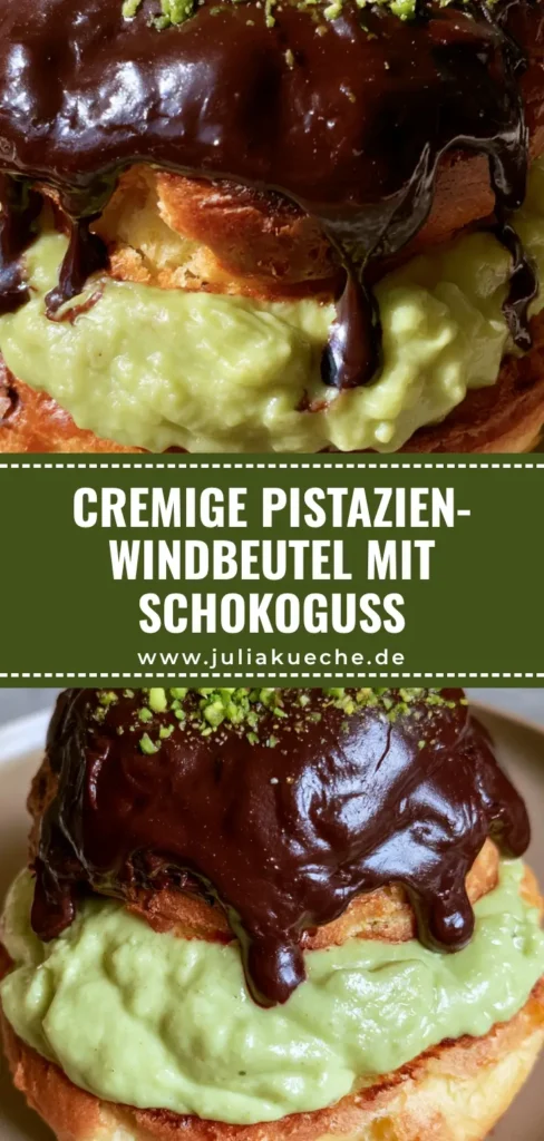 Ein halbierter Pistazien-Windbeutel mit reichlich grüner Pistaziencreme-Füllung und glänzendem Schokoguss auf einem Keramikteller.