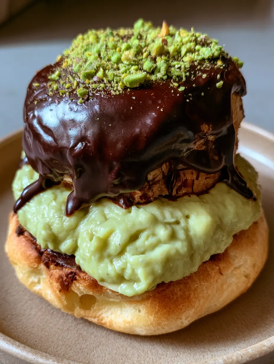 Nahaufnahme eines aufgeschnittenen Windbeutels mit hellgrüner Pistaziencreme und Schokoladendekoration.