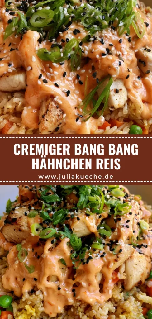 Bang Bang Chicken Fried Rice: Das ultimative Rezept für Feierabend-Helden 3 Nahaufnahme von Bang Bang Chicken Fried Rice in einer weißen Schüssel, getoppt mit orange-pinker Sauce, Frühlingszwiebeln und Sesam.