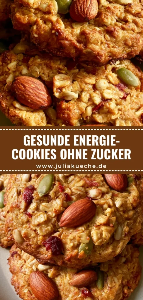 Stapel rustikaler Gesunde Energie-Cookies mit sichtbaren Mandeln, Haferflocken und Kürbiskerne auf einem hellen Teller.