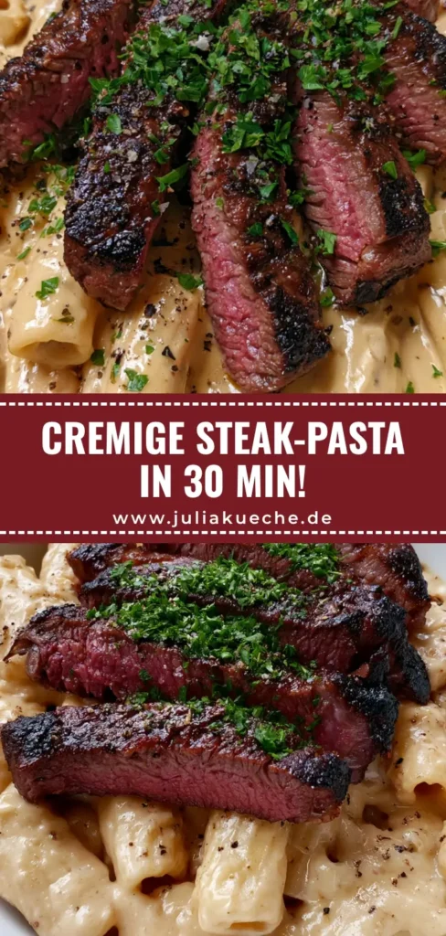 Steak Pasta Rezept: Cremige Rigatoni mit perfekt gebratenem Rindersteak 3 Draufsicht auf eine weiße Schüssel mit cremigem Steak Pasta Rezept, garniert mit Petersilie und grobem Pfeffer.