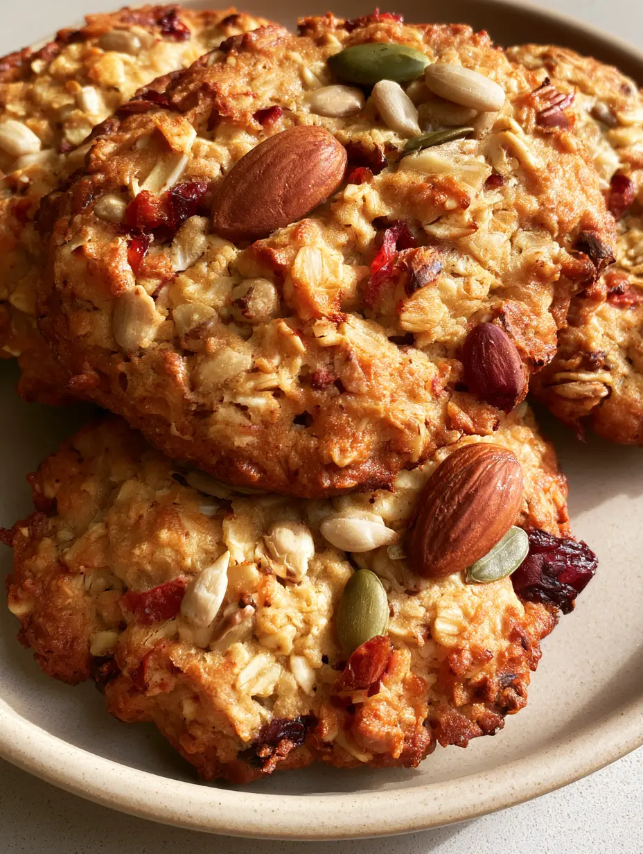 Nahaufnahme von Gesunde Energie-Cookies mit goldenen Haferflocken, ganzen Mandeln und roten Cranberries.