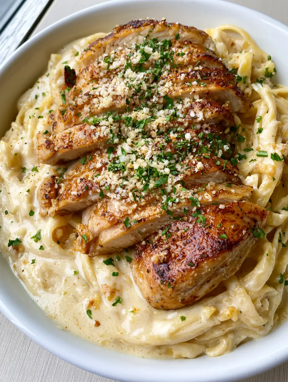Knoblauch-Parmesan-Pasta mit Hähnchen: Das ultimative 20-Minuten-Dinner 3 Nahaufnahme von Knoblauch-Parmesan-Pasta mit Hähnchen in einer cremigen Sauce.