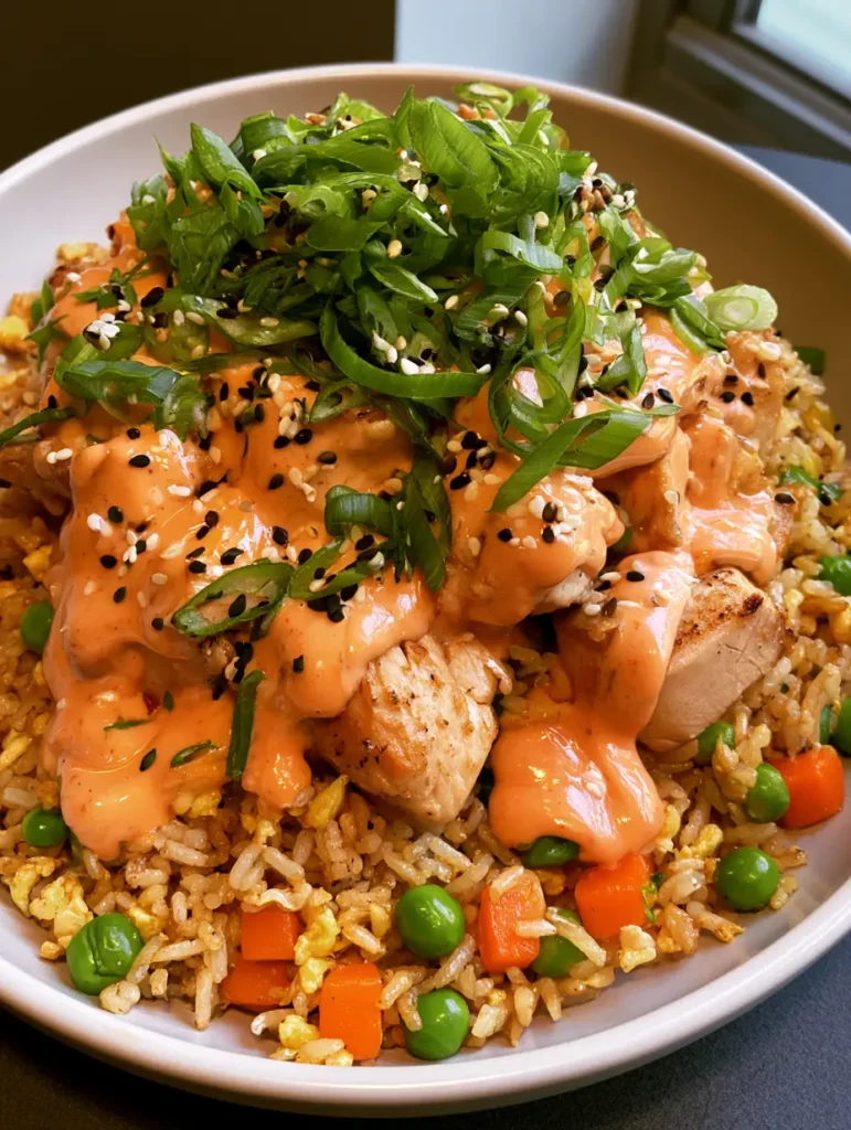 Bang Bang Chicken Fried Rice: Das ultimative Rezept für Feierabend-Helden 2 Smartphone-Foto von asiatischem Bratreis mit Hähnchen und cremiger Chili-Sauce in einer flachen Keramikschale.