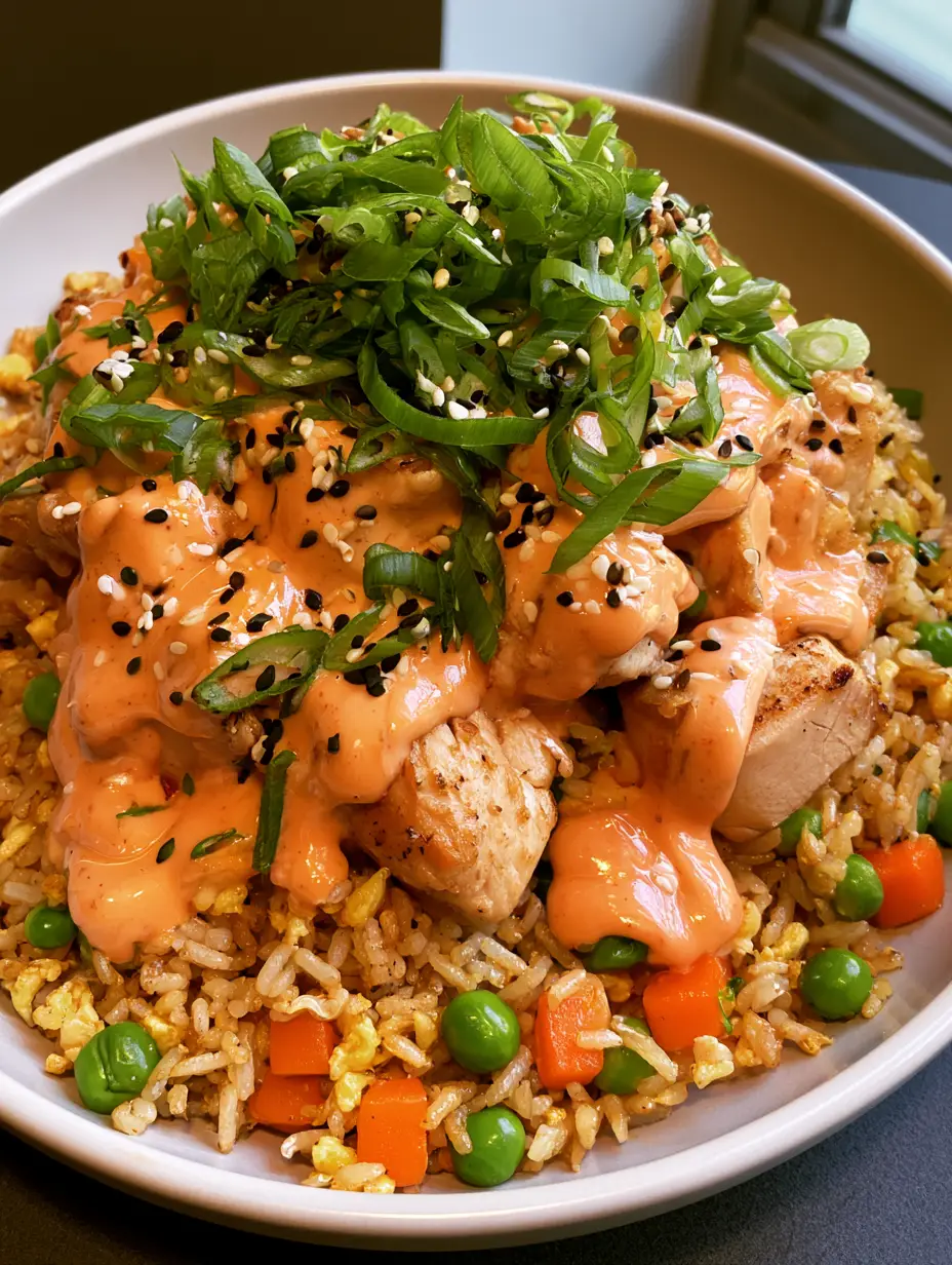 Bang Bang Chicken Fried Rice: Das ultimative Rezept für Feierabend-Helden 4 Smartphone-Foto von asiatischem Bratreis mit Hähnchen und cremiger Chili-Sauce in einer flachen Keramikschale.