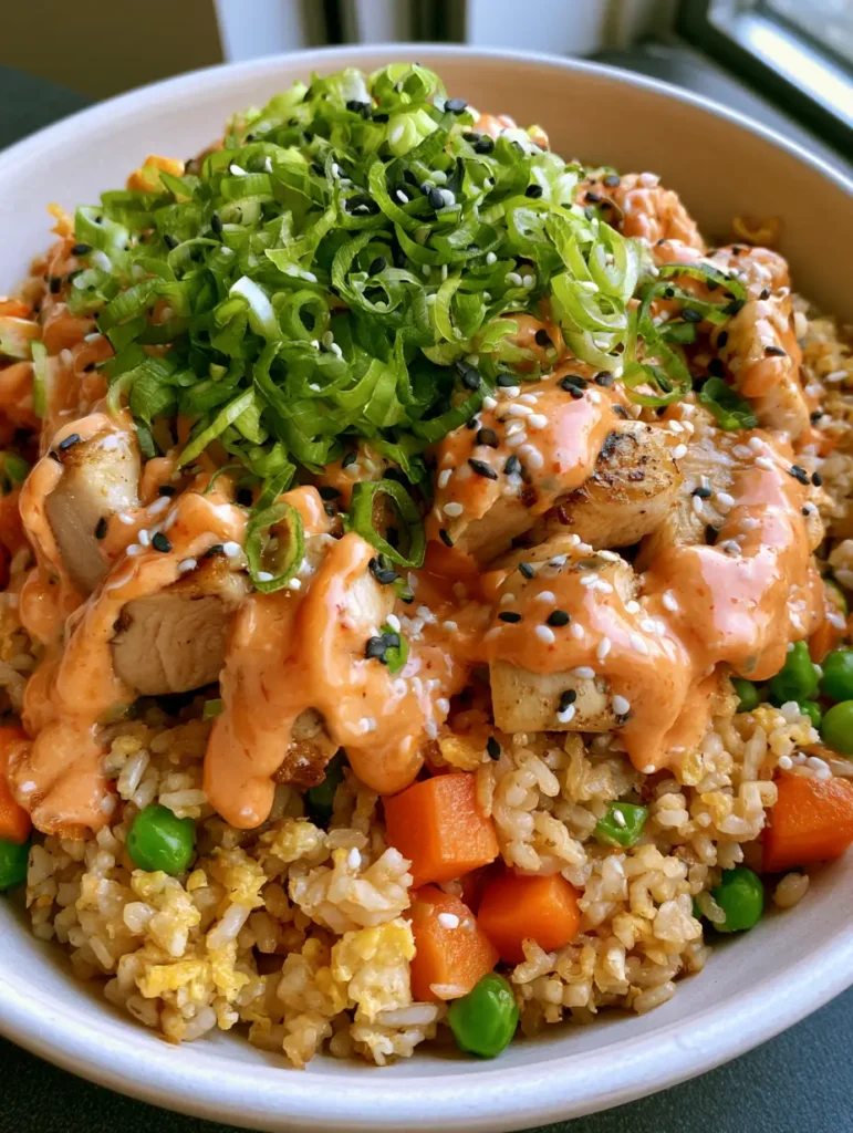 Bang Bang Chicken Fried Rice: Das ultimative Rezept für Feierabend-Helden 1 Detailansicht von gebratenem Reis mit Erbsen, Karotten und saftigen Hähnchenstücken unter einer glänzenden Sauce.