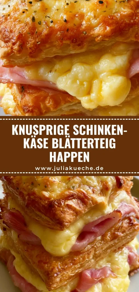 Knusprige Schinken Käse Blätterteig Türmchen gestapelt auf einem weißen Teller, goldbraun gebacken mit geschmolzenem Käse und schwarzem Sesam.