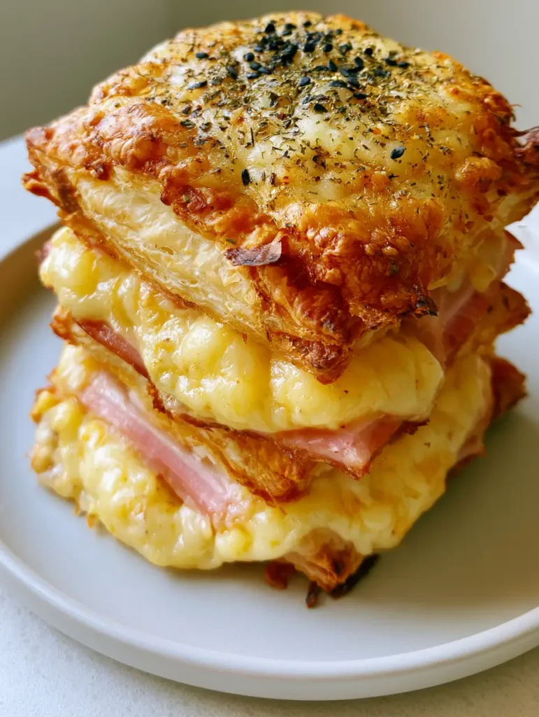 Nahaufnahme von Schinken Käse Blätterteig Häppchen mit viel geschmolzenem Käse und knusprigen Teigkanten.