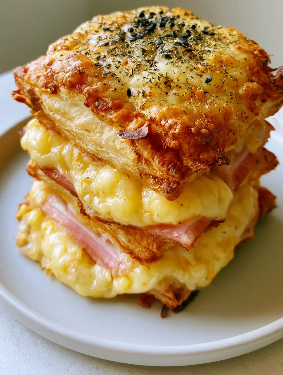 Nahaufnahme von Schinken Käse Blätterteig Häppchen mit viel geschmolzenem Käse und knusprigen Teigkanten.