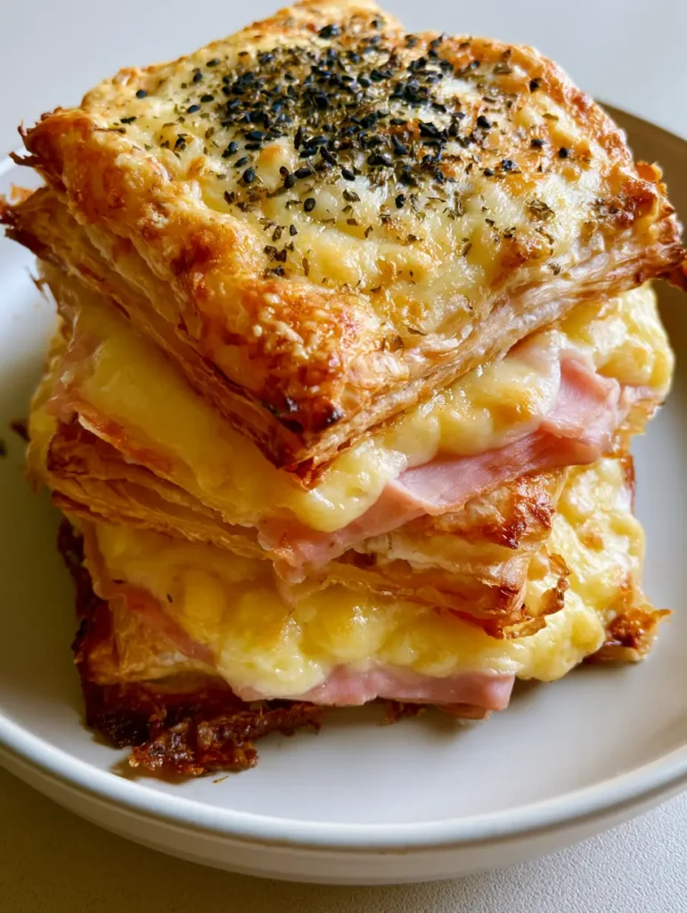 Draufsicht auf gebackene Blätterteig-Türmchen mit Kochschinken und Emmentaler auf einem minimalistischen Teller.